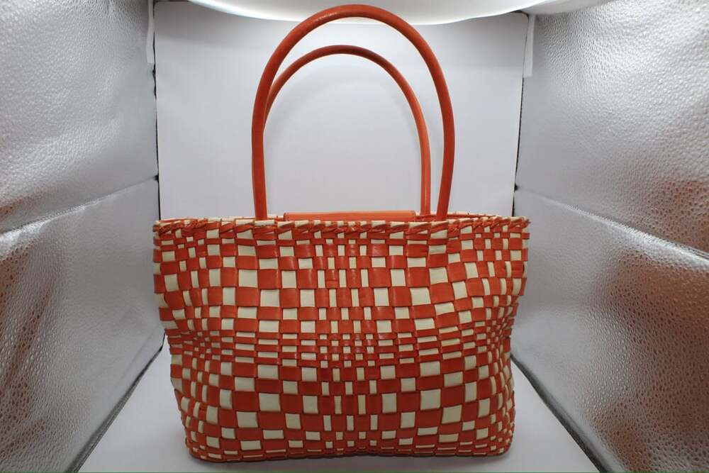Bottega Veneta Intrecciato Woven Leather Tote Bag Orange and Cream